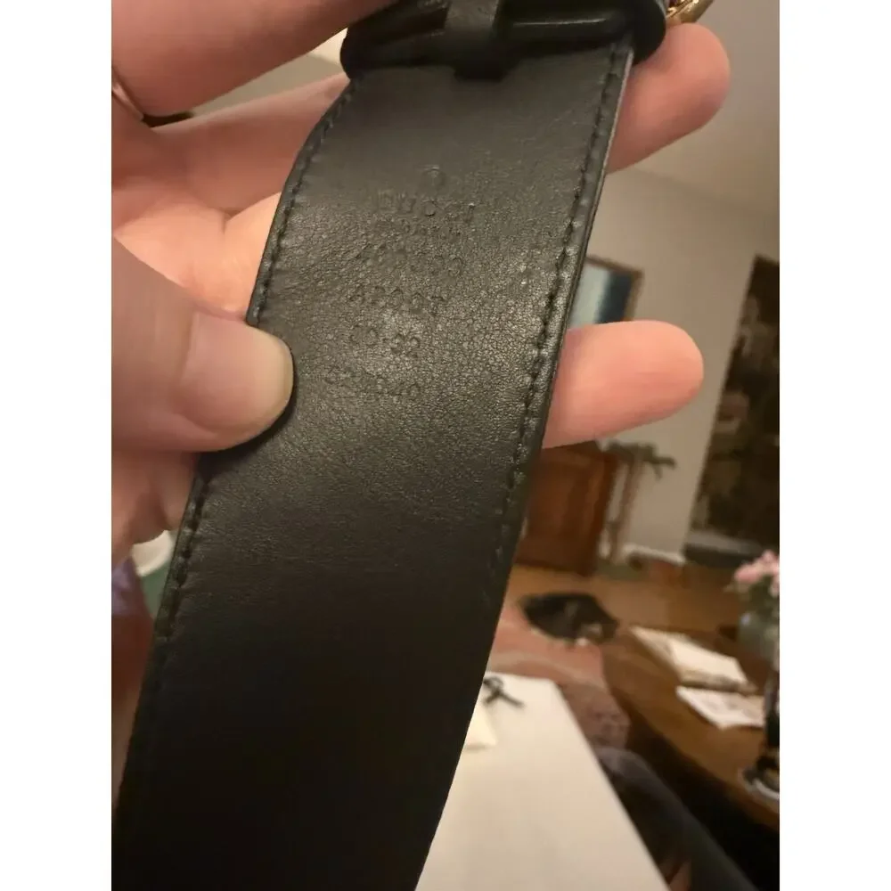Authentic Gucci Black Belt GG Logo Buckle Gold Size 85/34 fits M/L